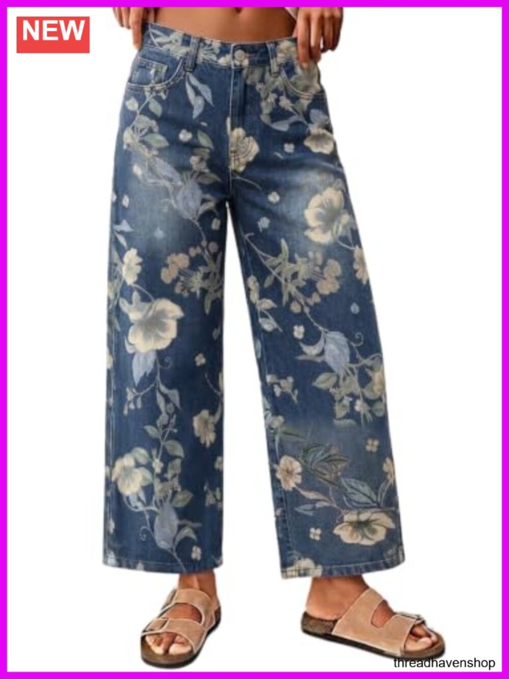 Wide Leg Cropped Floral Jeans Boho Ankle Denim Pants with Pockets